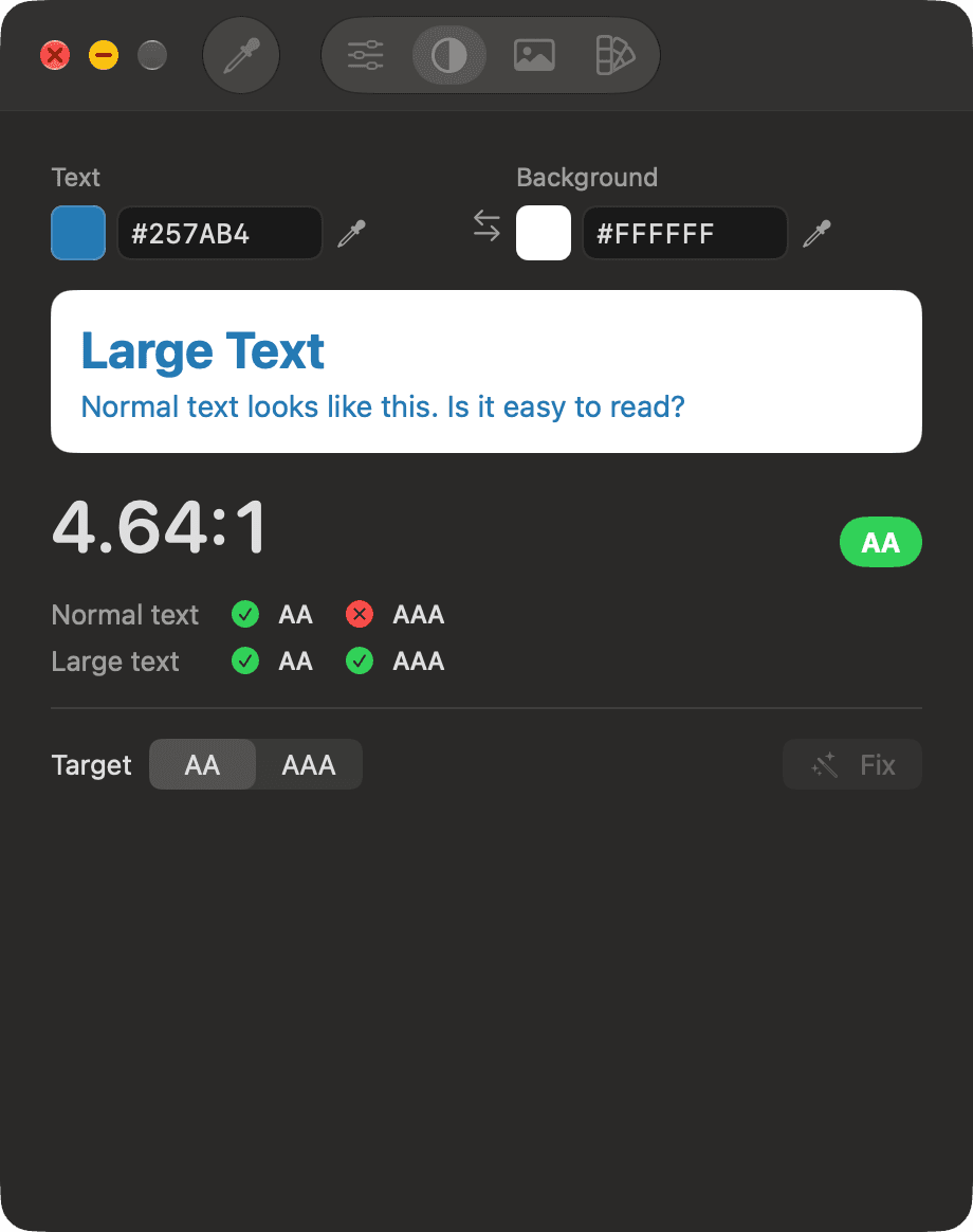 The contrast tab: #257AB4 on white is 4.64:1, passing AA.
